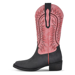 Embroidered Square Toe Block Heel Boots
