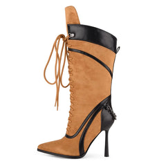 Pointed Toe Lace Up Mid Calf Boots