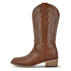 Embroidered Square Toe Block Heel Boots