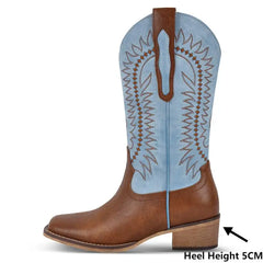 Embroidered Square Toe Block Heel Boots