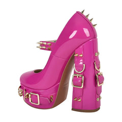Chunky platform spiked mary jane heels, angled view.