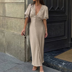 Maxi dress with lace V-neck and puff sleeves
