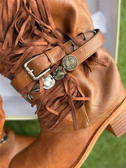 Fringe Detail Square Toe Boots