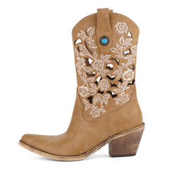 Tan faux suede embroidered cutout block heel boots