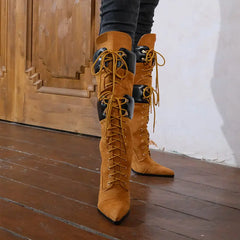 Pointed Toe Lace Up Mid Calf Boots