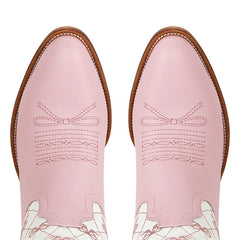 Close-up of the pointed toe on pink bow quilted knee-high boots
