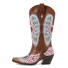 Brown cowboy boot with pink and blue angel wing design on a white background