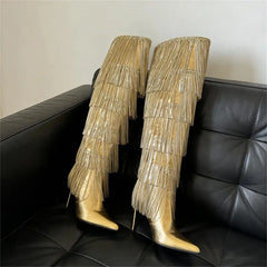 Pointed Toe Metallic Fringe Boots