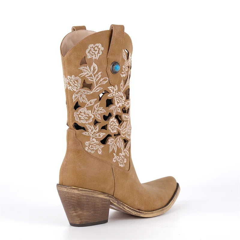 Side view of tan faux suede embroidered cutout block heel boots