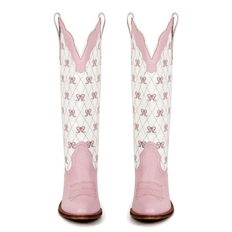 Pink bow quilted knee-high boots from front