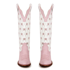 Pink bow quilted knee-high boots from front