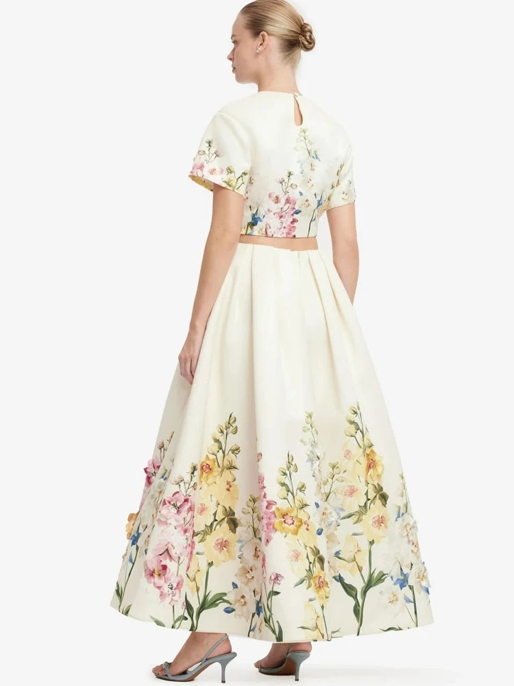 Floral print cropped short sleeve top and full A-line skirt side view