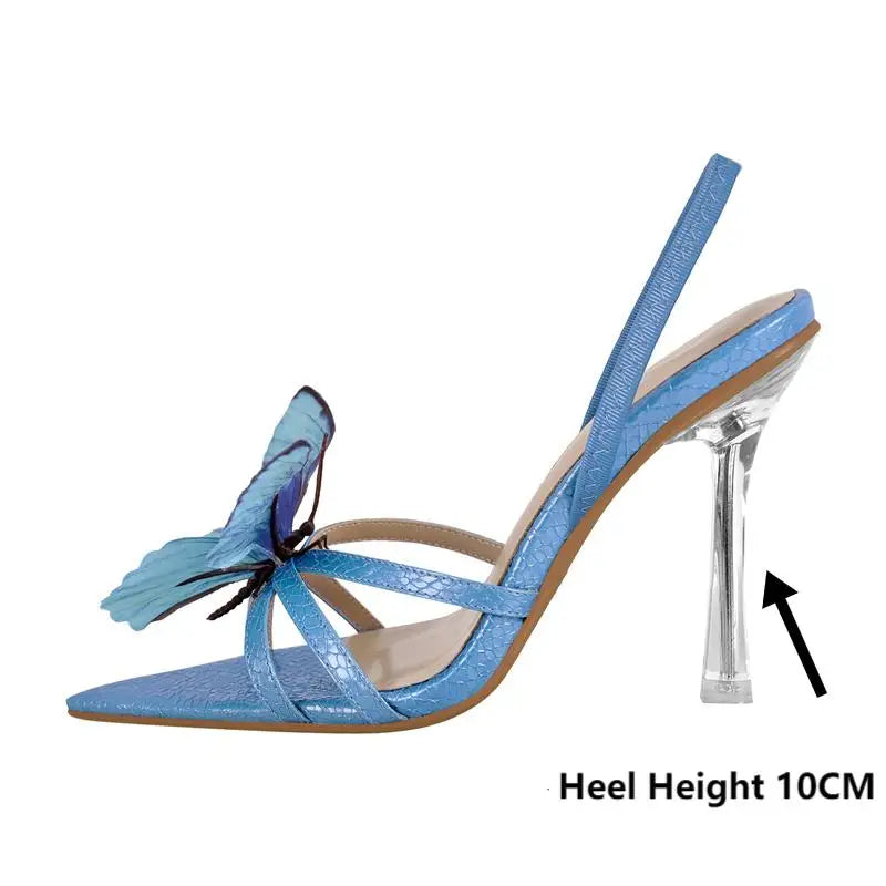Butterfly strap clear heel sandal showing heel height