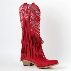 Side view of red fringed pointed toe cowboy boots with embroidery