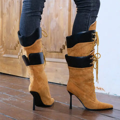 Pointed Toe Lace Up Mid Calf Boots