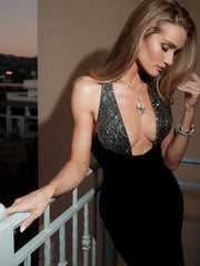 Floor-length sheath dress with shimmering details