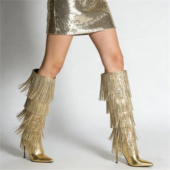 Pointed Toe Metallic Fringe Boots