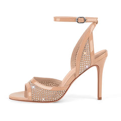 Sparkling ankle strap stiletto heels, side view