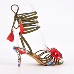Open Toe Floral Lace Up Stiletto Heels