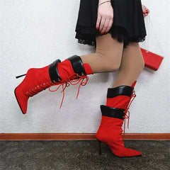 Pointed Toe Lace Up Mid Calf Boots
