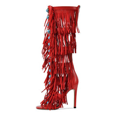 Fringed Turquoise Studded Knee High Boots