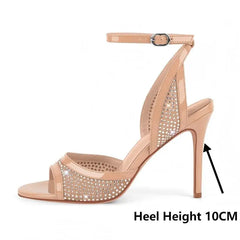 Sparkling ankle strap stiletto heels with heel height indicator