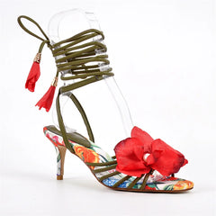 Open Toe Floral Lace Up Stiletto Heels
