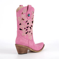 Embroidered Cutout Block Heel Boots