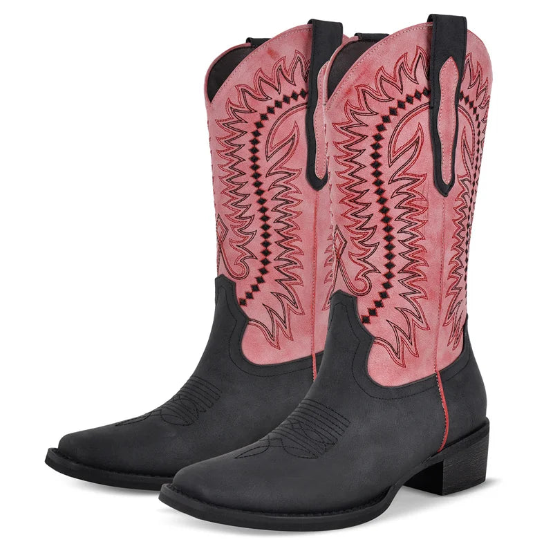 Embroidered square toe block heel boots