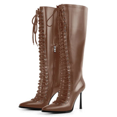 Lace Up Pointed Toe Knee High Boots