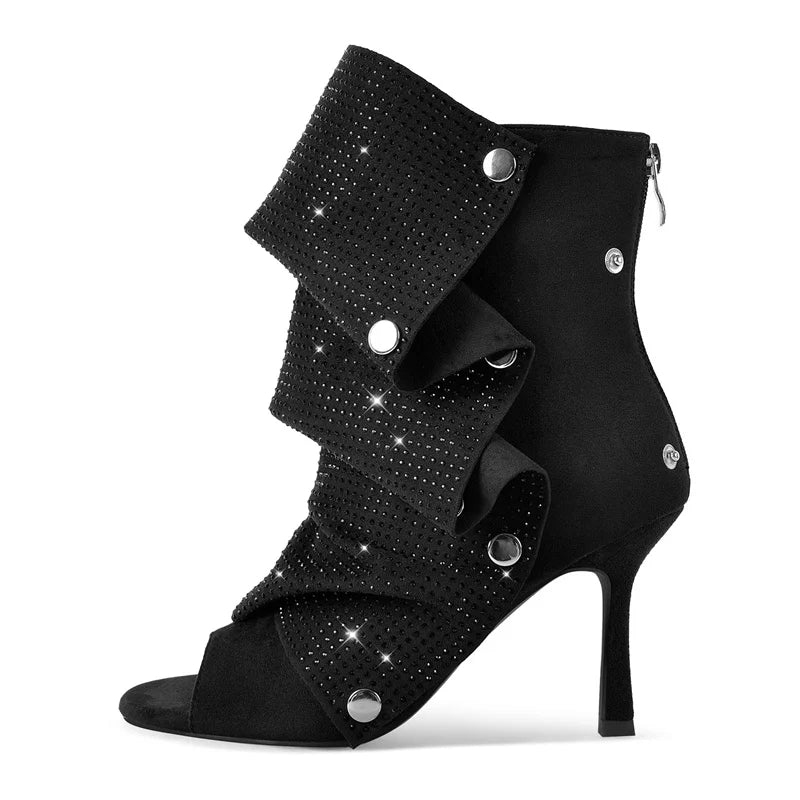 Black stiletto ruched rhinestone peep toe ankle boots, side view.