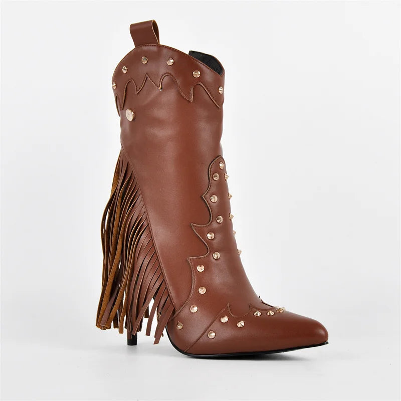 Rear three-quarter view of brown faux leather ankle boots with pointed toe, stiletto heel, and fringe.