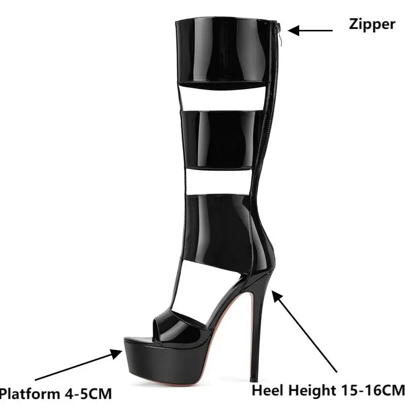 Diagram detailing zipper, platform, and heel height of a black patent leather boot