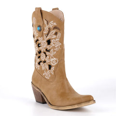 Embroidered Cutout Block Heel Boots