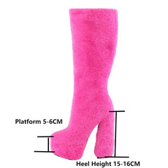 Pink fluffy platform knee-high boot with heel and platform measurement details