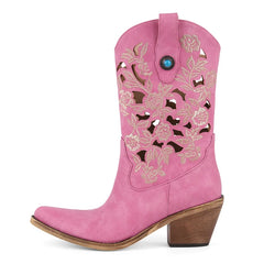 Embroidered Cutout Block Heel Boots