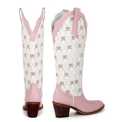 Pink Bow Quilted Knee High Cowgirl Boots