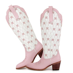 Pink bow quilted knee-high boots angled view