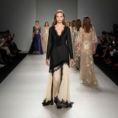 Model walking down a runway wearing a black and beige dress with lace details.