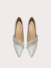 Front view of silver rhinestone tassel wedding pumps