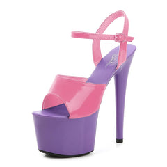 Purple and pink high-heeled sandal on a white background