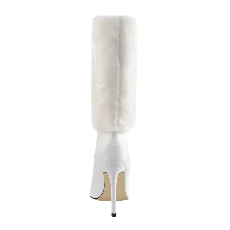 Back view of white stiletto boot with pointed toe and fur trim