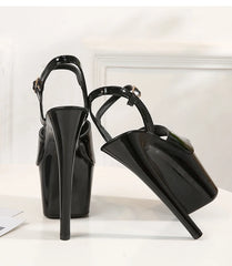 Black high-heeled shoes with a minimalist white background