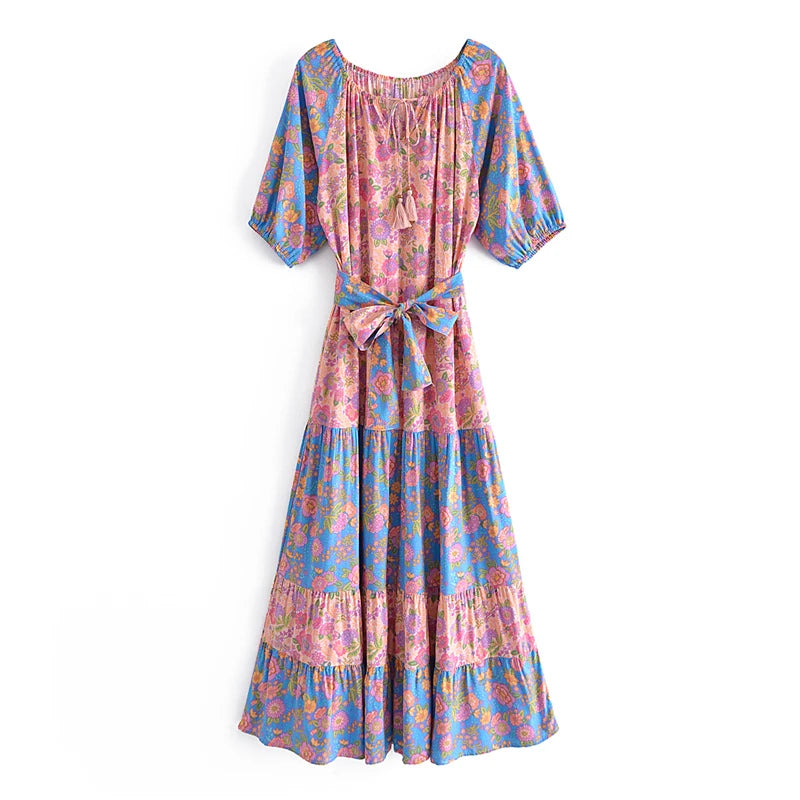 Boho floral print maxi dress flat lay front view with sash