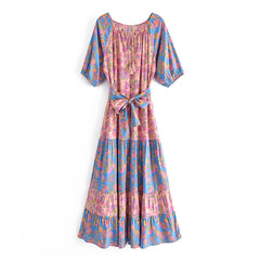 Boho floral print maxi dress flat lay front view with sash