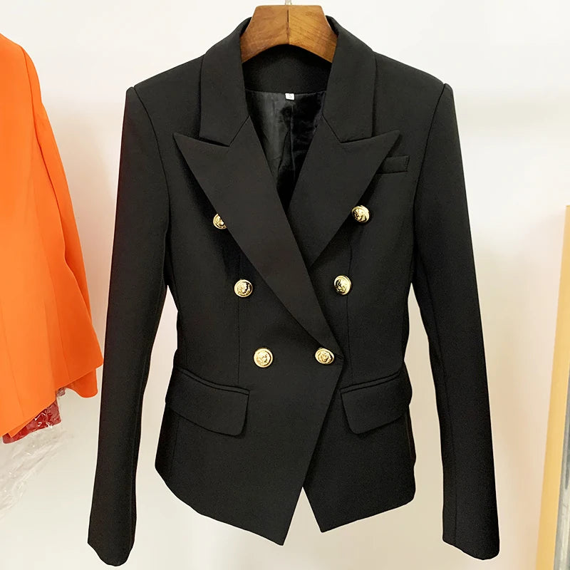 Black double-breasted blazer with gold lion buttons and notched lapels.