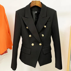 Black double-breasted blazer with gold lion buttons and notched lapels.