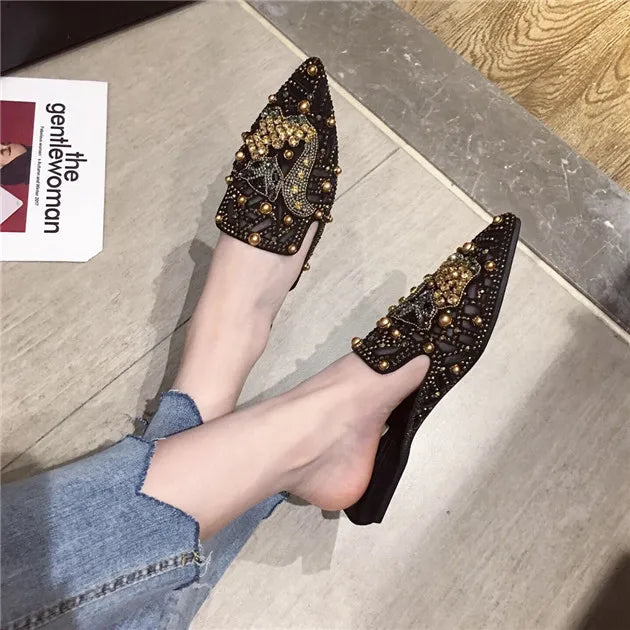Women's Flat Pointed Toe Closed Loafers Mules Metal Shoes