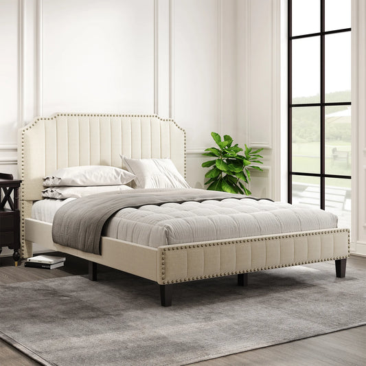 Linen Curved Upholstered Platform Solid Wood Bed Frame