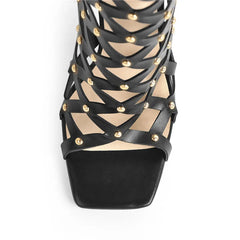 Cutout Studded Stiletto Knee High Boots